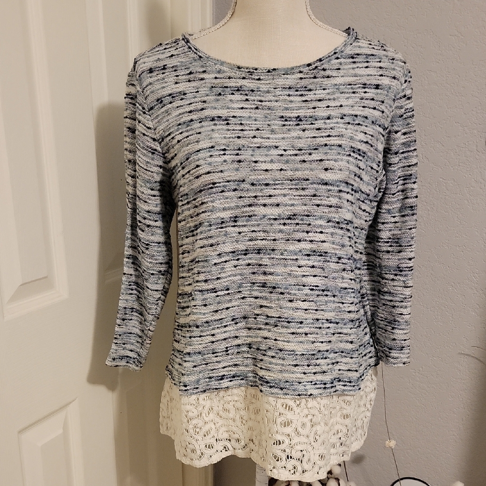 Van Heusen Blue and White Knit Sweater With Lace Hem